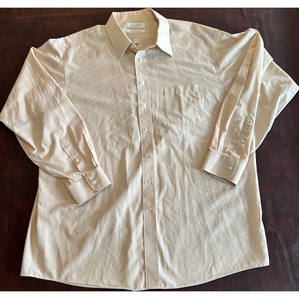 Roundtree & Yorke Gold Label Fitted Dress Shirt Tan Stripe 18 36 Non-Iron Cotton